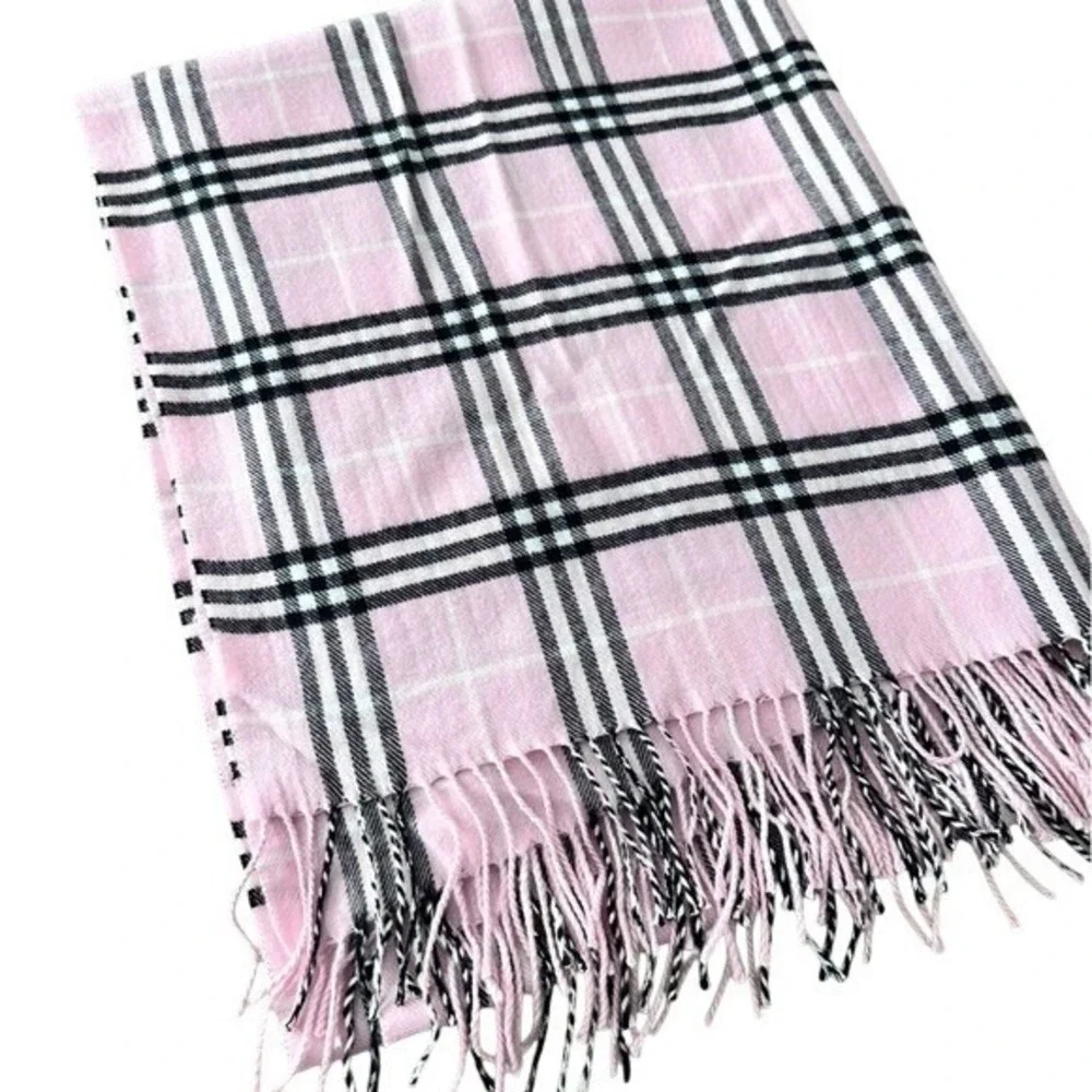 Rong Jia‎ Scarf Cashmere Fringe Trim Pink Tartan Plaid Shawl Wrap Cozy
